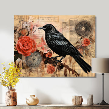 Craw With Red Rose Vintage Collage - Bird Floral Canvas Wall Art